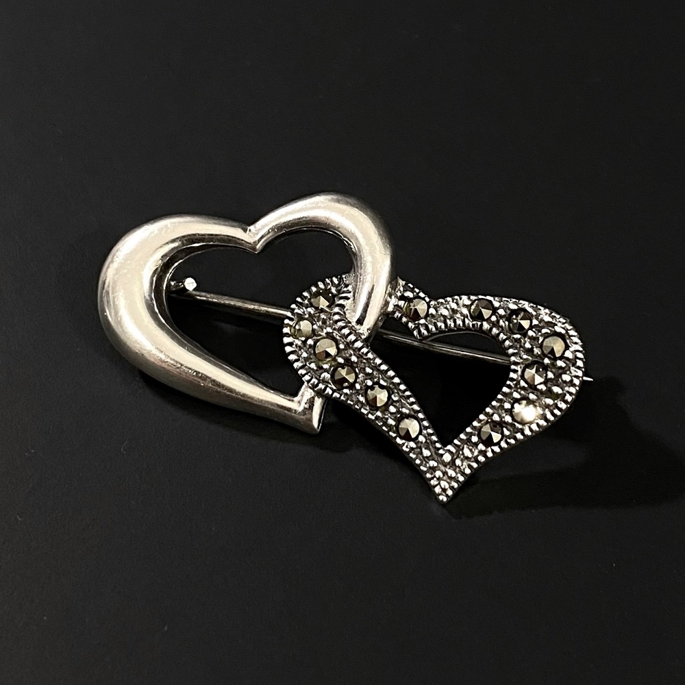 Vintage Marsala Sterling Silver Entwined Hearts Marcasite Brooch